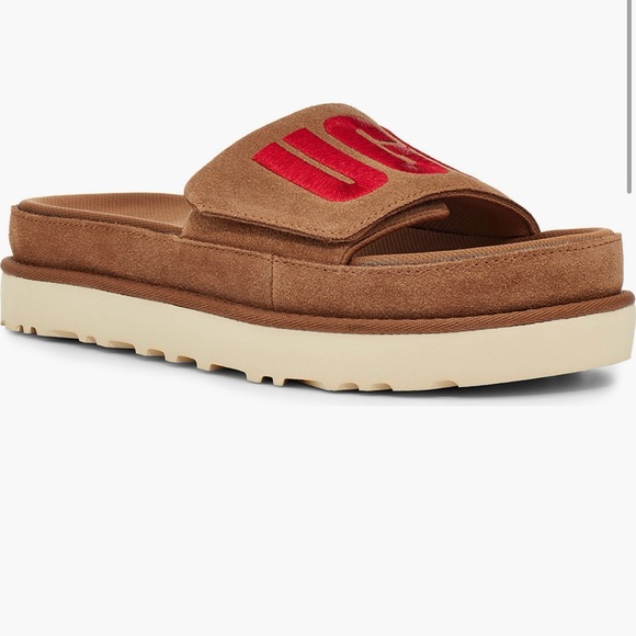 NEW UGG Slides Slippers Women’s LATON Tan / Red Suede slide Shoes Size 7 - Picture 1 of 9